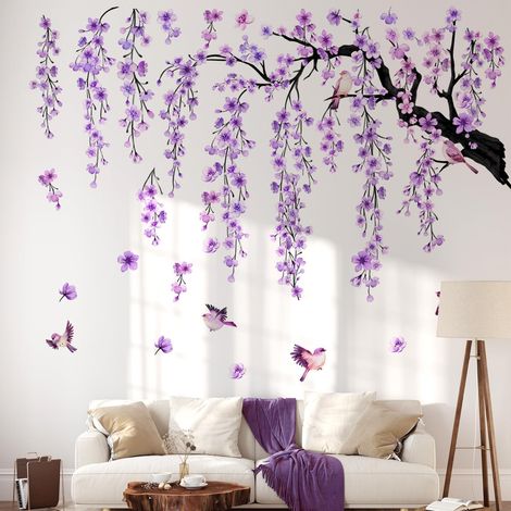 Sticker mural Arbre de cerisier en fleurs violettes (111 x 85 cm) Sticker mural à motif floral et d'oiseaux style aquarelle Sticker mural décoratif adapté au salon ou à la chambre d'adulte (1/5)