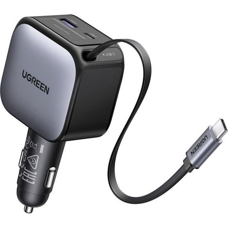 Car charger - UGREEN - 90W - USB-A and USB-C - Retractable - Black (1/5)
