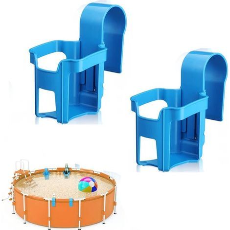 Two outdoor pool cup holders, which can be mounted on round posts with a diameter of 5 cm or less, in blue. (1/5)