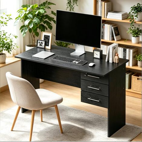Escritorio negro de madera 120 x 60 x 75 cm con 3 cajones y cerradura DESVIAE (1/5)