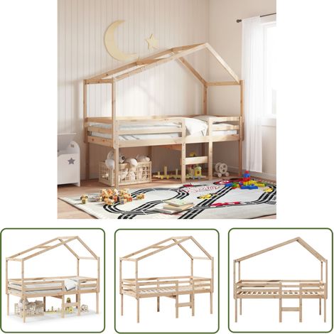 The Living Store Lit haut sans matelas 90x190 cm bois de pin massif - Lit Enfant - Lit Surélevé - Lit Cabane - Lit Plateforme - Meuble Rangement (1/5)