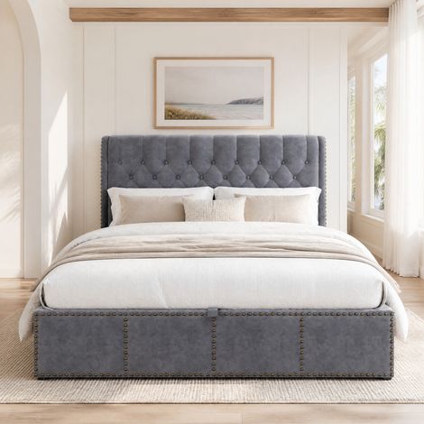 Cama tapizada en terciopelo gris 160x200 cm con somier de láminas, almacenaje y cabecero alto (1/5)