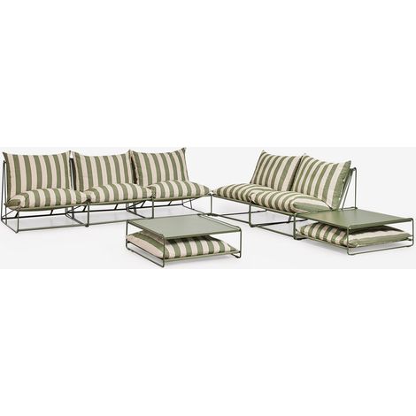 Ensemble de jardin avec 2 canapés modulaires de 2 et 3 pièces et 2 tables d'appoint convertibles Amaro SKLUM Beige Tapioca - Vert olive intense (1/5)