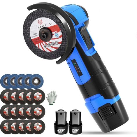 500W 12V Mini meuleuse d'angle sans fil Polisseuse avec 2 batteries, 5pc lame à lamelles et 15pc disques de ponçage (1/5)