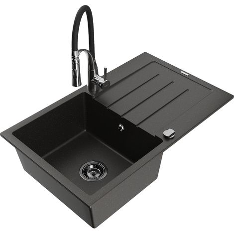 Mexen Bruno lavello in granito a 1 vasca con scolapiatti e miscelatore cucina Aster, nero/oro metallizzato - 6513-75-73450-07-B (1/5)