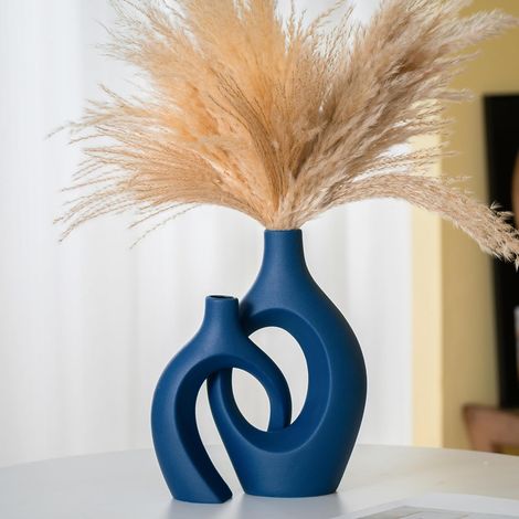 Juego de 2 jarrones de cerámica para decoración de interiores, diseño hueco y acogedor, estilo nórdico, bohemio, estético y moderno. (1/5)
