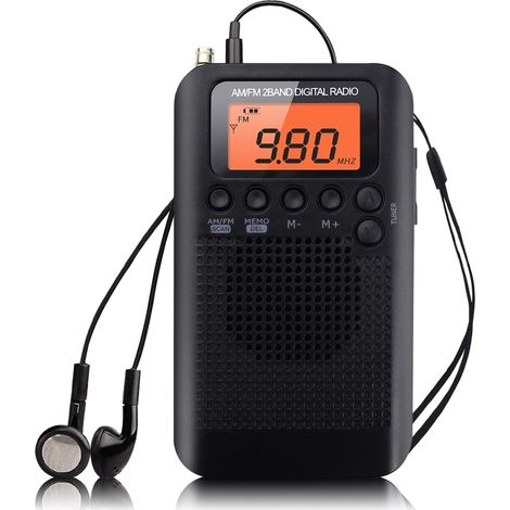 APEX Mini radio portable AM/FM stéréo à réglage numérique avec écouteurs, réveil et minuterie (noire) (1/5)