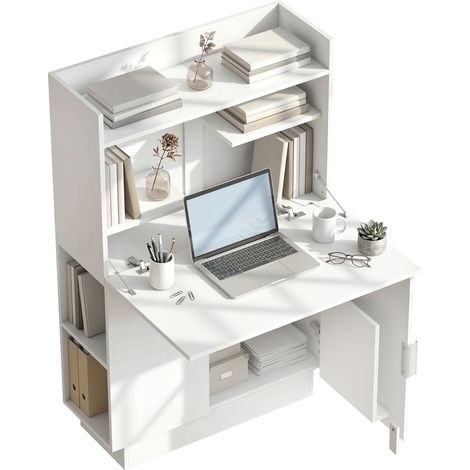 Bureau pliable informatique blanc 80x30x128cm, table PC escamotable avec étagères et armoire, poste de travail compact à rabat. (1/5)