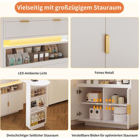Table extensible (115-183 × 40 × 99 cm), îlot de cuisine escamotable avec rangement, éclairage LED, pivotant à 360°, bar roulant pour café, idéal pour cuisine et salle à manger, blanc (1/5)