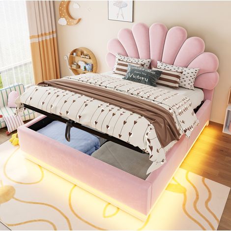 Cama con almacenaje 140x200 de terciopelo con LED, cabecero floral, rosa OKMYHOME (1/5)