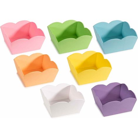 Cestini / cassette in legno colorato rosa, verde, azzurro, giallo, arancio, bianco e viola con bordi sagomati, set da 7 pezzi, cm 16 x 16 x 8 H