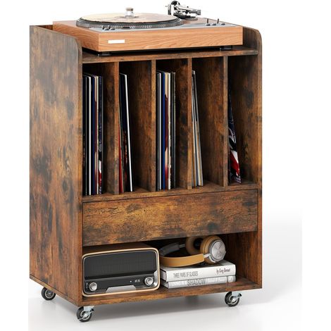 COSTWAY Mobile Giradischi Porta Vinili Porta Dischi Vinile Mobile Giradischi Vintage Mobiletto Espositore Vinili Supporto Multifunzionale Cassetto Cubi Aperti (1/5)