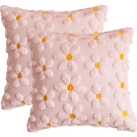 Lot de 2 Housses de coussin décoratives en peluche douce et moelleuse en fausse fourrure avec marguerites, 45 x 45 cm (1/5)