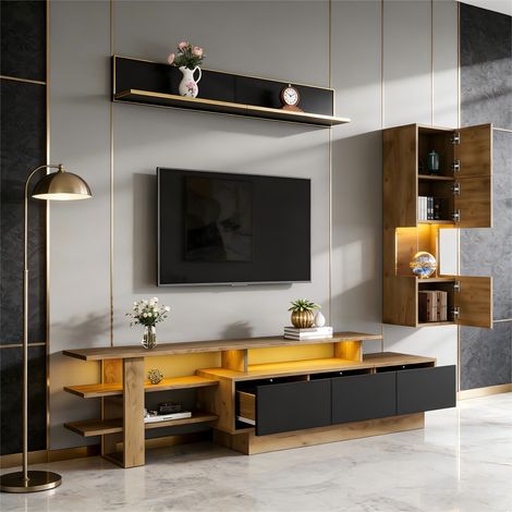 Ensemble meuble TV mural 3 pièces avec LED, meuble TV, vitrine et étagère murale pour TV jusqu'à 80 pouces noir bois