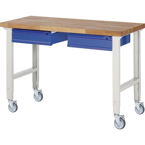 TECWERK Werkbank B1500xT700xH950-1000mm Buche massivlichtgrau / enzianblau 2Schubladen