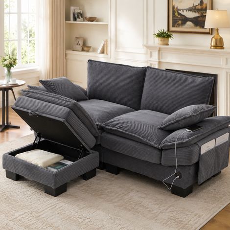 Canapé Modulable 2 Places avec Pouf Coffre Velours Côtelé Gris Foncé 190 x 132 cm - PANGIVO (1/5)