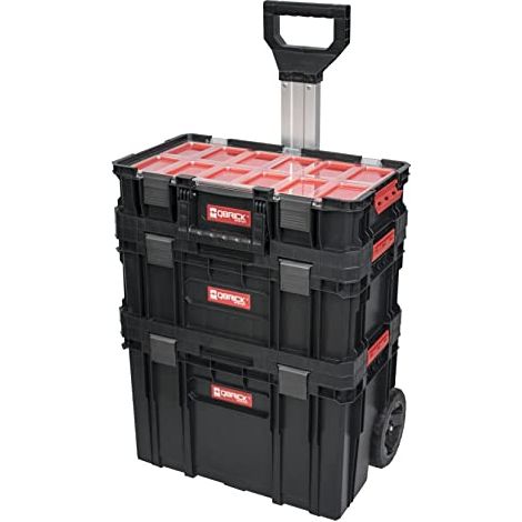 Boîte de rangement modulaire pour outils – 4 compartiments – Polypropylène durable – Chariot avec roues et poignée télescopique – Qbrick System (1/5)