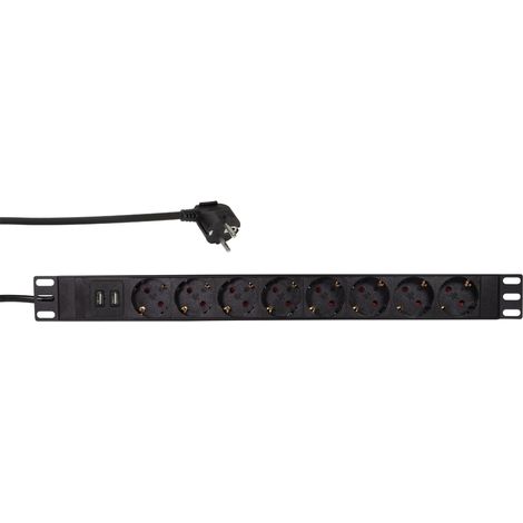 LOGILINK Multiprise 19", 8 prises, prise de terre, 2 ports USB, noir