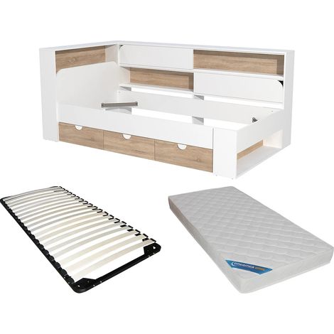 Lit 90 x 190 cm avec rangements - Coloris : Blanc et naturel + Sommier + Matelas - TAMADU (1/5)