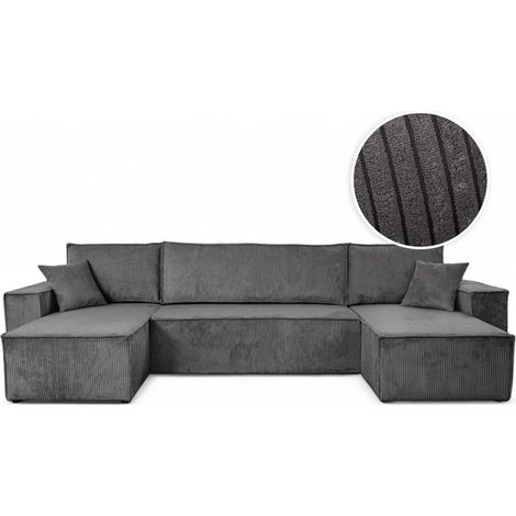 Loungitude – Canapé d'angle panoramique convertible 6 places en velours côtelé – Grand lit d'appoint – Coffre de rangement – Gris foncé (1/5)