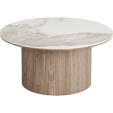 Azura Home Design – Table basse ronde 80 cm – Plateau en céramique effet marbre clair – Socle en bois cylindrique texturé – Hauteur 40 cm (1/5)