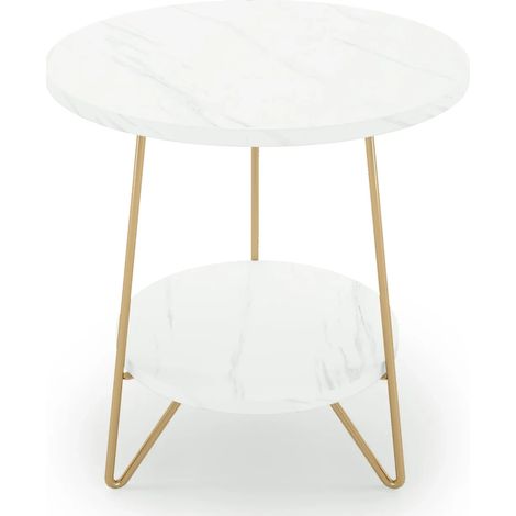 Table d'appoint ronde en marbre synthétique blanc avec pieds métalliques dorés, 2 étages, 47x47x55 cm (1/5)