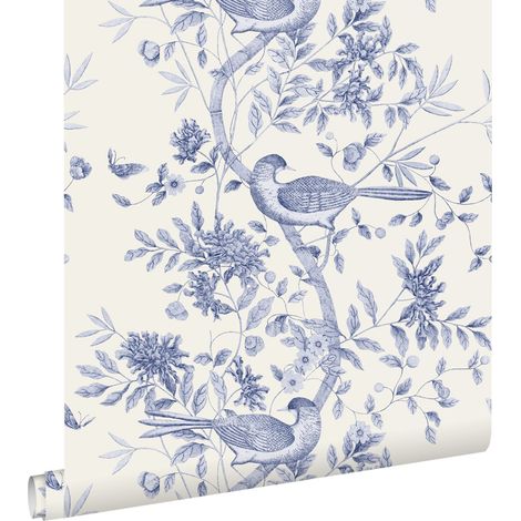 papier peint fleurs et oiseaux bleu indigo  - ESTAhome (1/5)