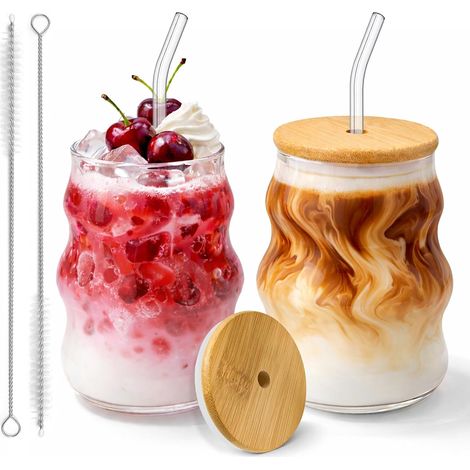 Lot de 2 Verres à Bulles 530ml, avec Paille et Couvercle  Tasse en Verre Ondulé, Verre Design pour Matcha Latte (1/5)