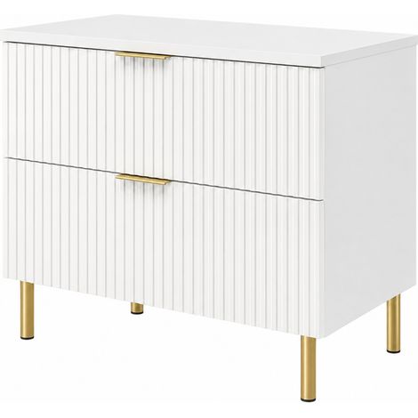 Meuble sous-vasque sur pieds 80 cm, 2 tiroirs, avec plan de travail, Blanc / Plan Blanc, poignées dorées, pieds dorés, 80 x 46 x 73,6 cm (1/5)