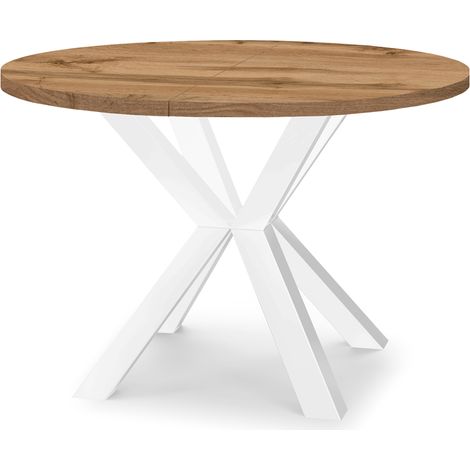 Table de salle à manger ronde extensible RAL avec pieds en bois, style loft, industriel, diamètre : 100 / 200 cm, couleur :Wotan / blanc