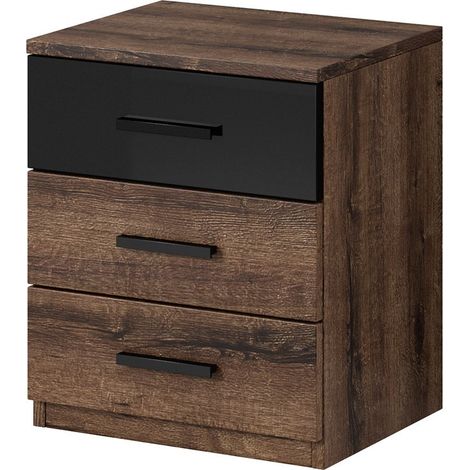 Comodino a tre cassetti, collezione FLOYD. Colori rovere scuro e nero lucido.