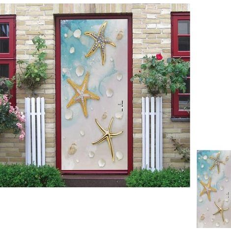 3D Photo Door Sticker - Nautical Design with Seashells and Starfish on Sandy Beach (1/5)