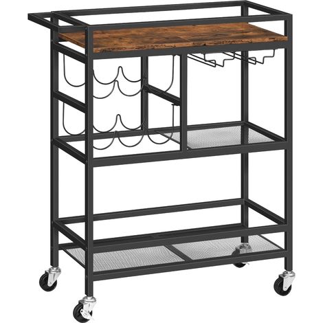 Desserte à roulettes, Chariot de Service Roulant à 3 Niveaux avec Poignée, 63 x 28 x 85 cm, Desserte Cuisine, Chariot à Boissons avec Porte-Verres et Porte-Bouteilles, Marron (1/5)