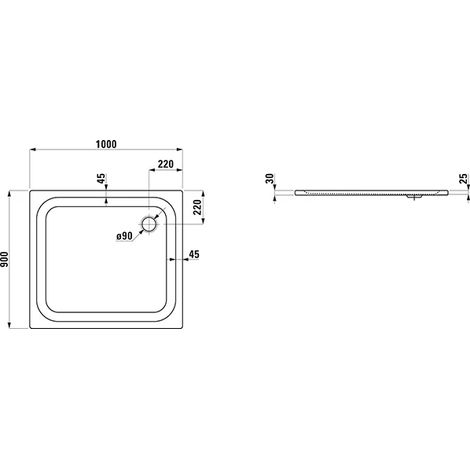 LAUFEN LF receveur de douche PLATINA 900x1000x25 acier écoul. latéral av. antidérapant avec isolation phonique blanc, H2150306000401