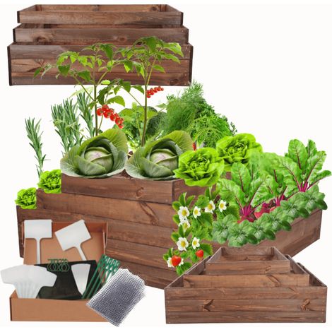 MODO24 ZP09 Carré potager surélevé en escalier modulable, bois de pin, herbes/légumes, jardin/terrasse/balcon, 45x117x120 cm, marron