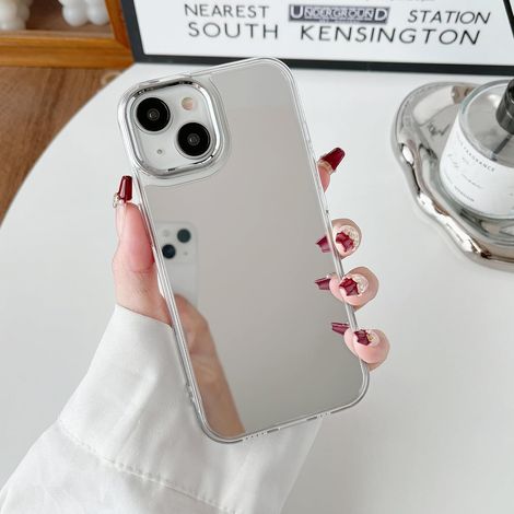 iPhone 15, Coque de maquillage miroir de luxe transparente et brillante, dos en TPU souple et polycarbonate rigide, fine, protection d'objectif antichoc