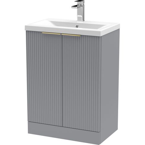 Fluted Front Floor Standing 2 Soft Close Door Bathroom Vanity Unit with 1 Tap Hole Basin, 600mm, Satin Grey, Brushed Brass Handles
