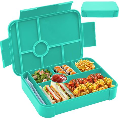 Brotdose Kinder (Grün), 1350ml, 7 Fächer, auslaufsichere Bento-Lunchbox mit Besteck, ideal für Schule, Kindergarten & Ausflüge (1/5)