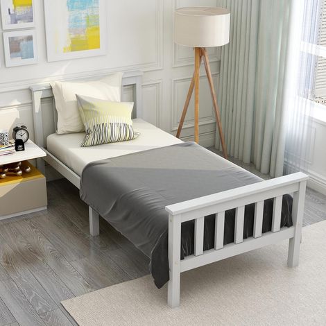 Letto singolo 90x200 cm, con testata, rete a doghe in legno, letto per bambini stile moderno - bianco (1/5)