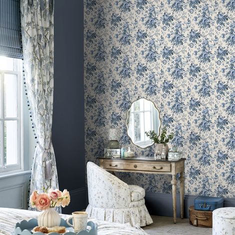 Papier peint intissé Laura Ashley Fleurs Roses Uffington 1005 x 52cm Bleu