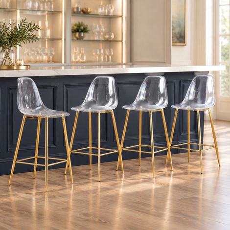 Sgabelli bar set da 4 trasparenti con schienale e poggiapiedi, struttura in metallo oro DESVIAE (1/5)