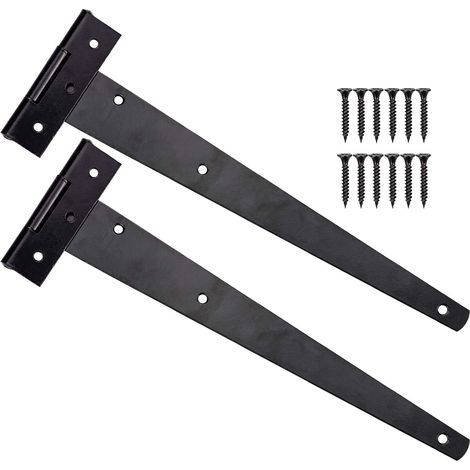 2 Stück schwarze Türscharniere, 12-Zoll-T-Scharniere, robustes T-Scharnier mit 12 Schrauben, Außen-T-Scharniere für Scheunentore, 300 mm (1/5)