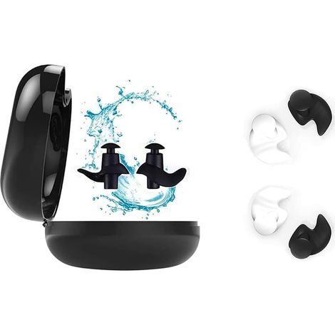 Paquete de 2 pares de tapones para los oídos de silicona reutilizables e impermeables para nadar, ducharse, surfear y otros deportes acuáticos (negro, blanco). (1/5)