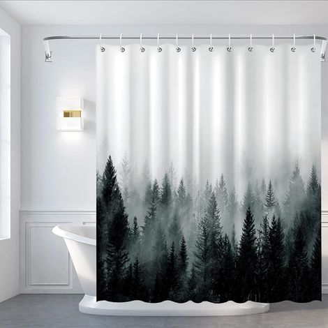 Duschvorhang mit Waldmotiv, 180 x 180 cm, strapazierfähiges Polyestergewebe, wasserdicht, mit 12 Haken