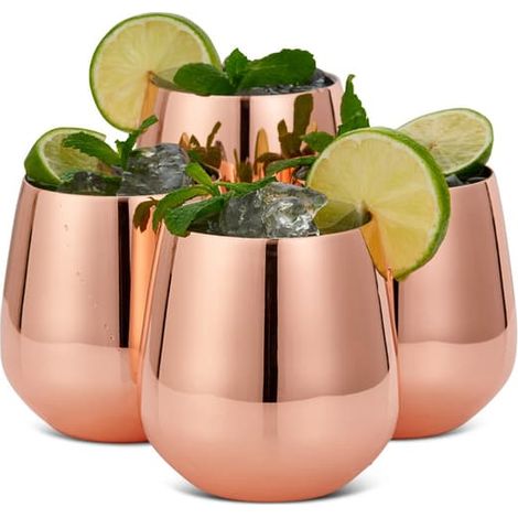 Verres à vin en acier inoxydable doré rose, verres à cocktail sans pied incassables (pailles non comprises) (1/4)