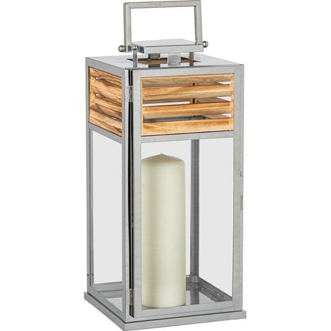 Lanterne Porte-Bougie en métal sur Sol ou Table chromée et Bois 20 x 21 x 44 cm (1/5)