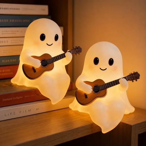 Lot de 2 Veilleuse fantôme Halloween – Figurine 3D en résine, fantôme jouant de la guitare – Lampe de bibliothèque USB – Décoration amusante pour chambre et bureau (1/5)