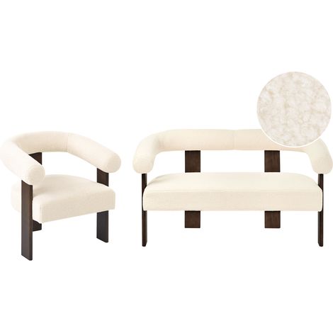 Conjunto de sala de estar retro sofá 2 plazas sillón tapizado de bouclé patas de madera blanco crema y marrón oscuro Ilbro (1/5)
