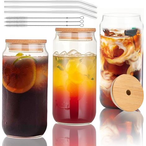 3 Verres Matcha - Verre avec Paille - Verre avec Couvercle et Paille, 550 ml, Couvercle Bambou, Pailles et Brossette, Verre Borosilicate, pour Café Glacé, Cocktails et Whisky (1/5)