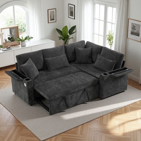 Seyakany Canapé convertible 3 places avec port USB,rangement, porte-gobelet,accoudoir avec rangement,canapé d'angle,canapé 3 places,chenille,Gris (1/5)